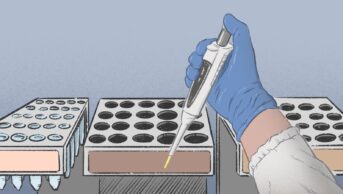 Illustration of a hand carrying out genetic testing in a laboratory