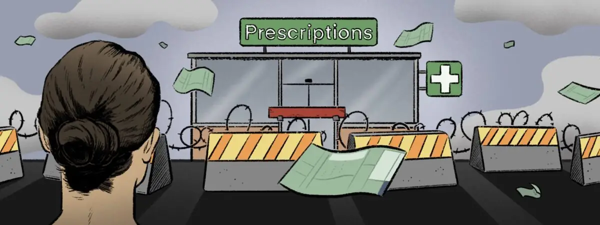 Illustration of the back of a woman's head looking onto a community pharmacy offering prescribing, with large barriers and barbed wire in front of it, with prescriptions flying past like tumbleweed