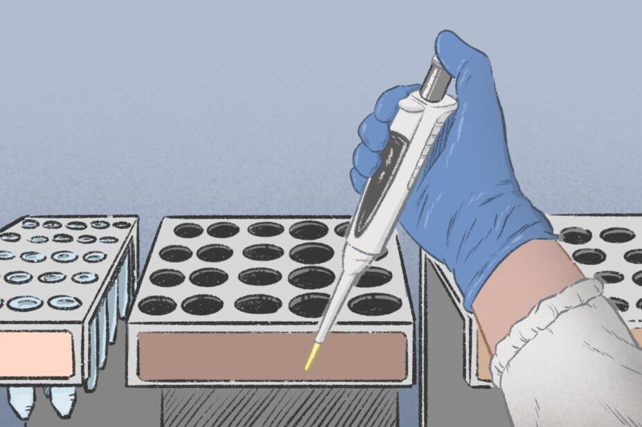 Illustration of a hand carrying out genetic testing in a laboratory