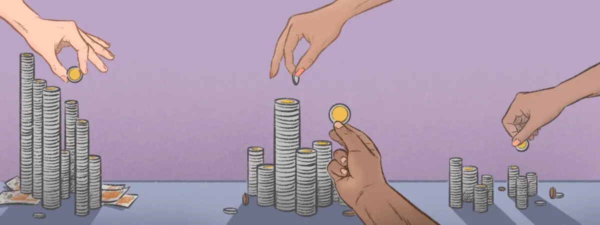 Illustration of hands reaching to differently sized piles of coins – the whiter hand has the largest stash of coins