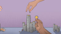 Illustration of hands reaching to differently sized piles of coins – the whiter hand has the largest stash of coins