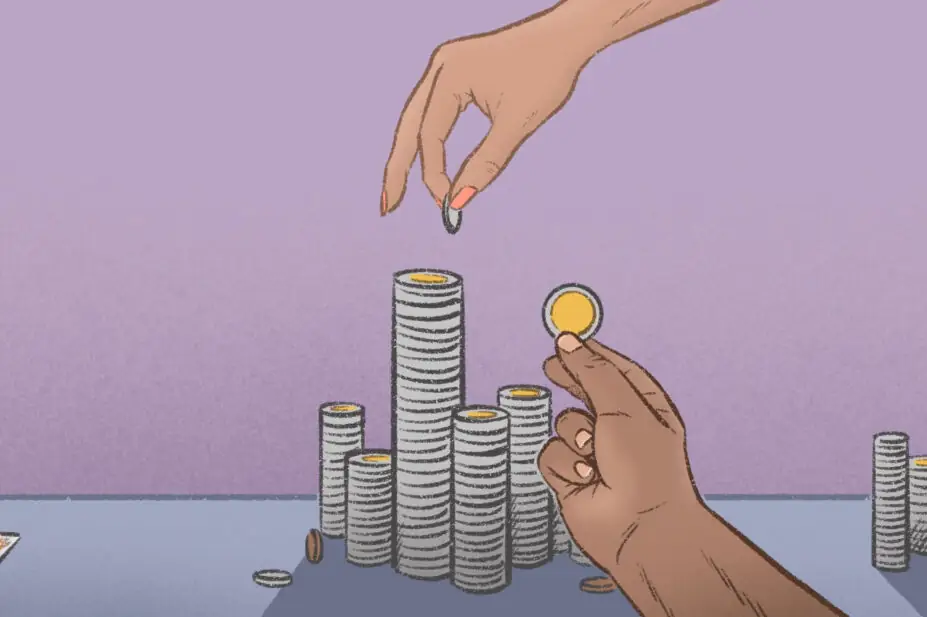 Illustration of hands reaching to differently sized piles of coins – the whiter hand has the largest stash of coins