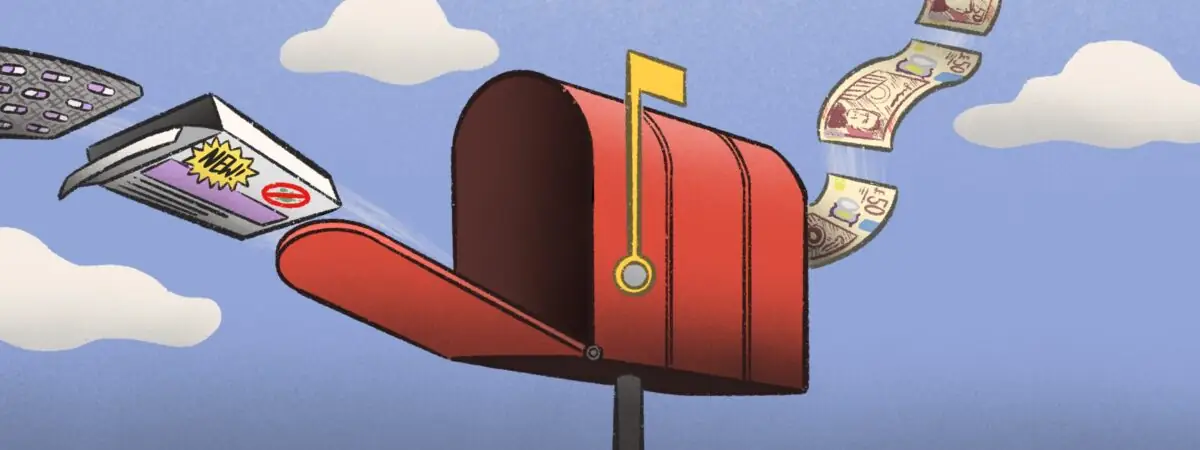 Illustration of a letterbox receiving money in the back and firing out new antimicrobial tablets from the front