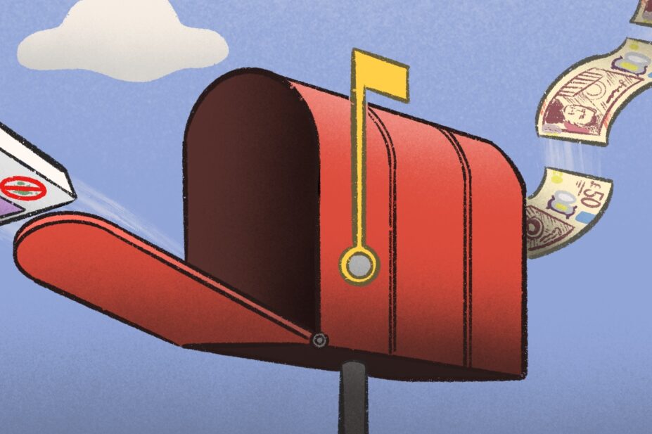 Illustration of a letterbox receiving money in the back and firing out new antimicrobial tablets from the front