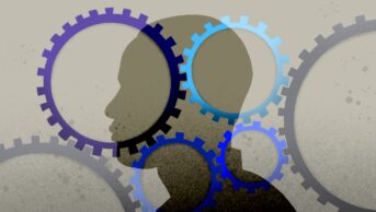 Illustration of a silhouetted head, with four coloured cogs turning in the background