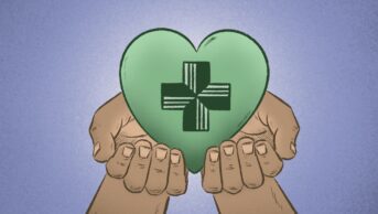 Illustration of two hands holding a green heart with the UK pharmacy symbol on it