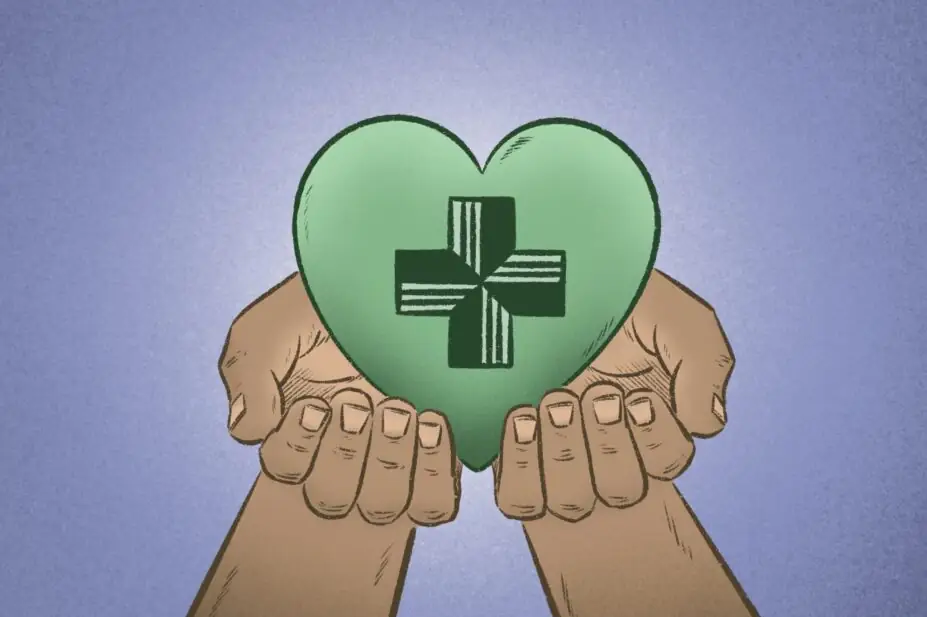 Illustration of two hands holding a green heart with the UK pharmacy symbol on it