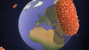 Illustration of a globe from space, with the mpox virus casting a shadow over North Africa and Europe, approaching the UK