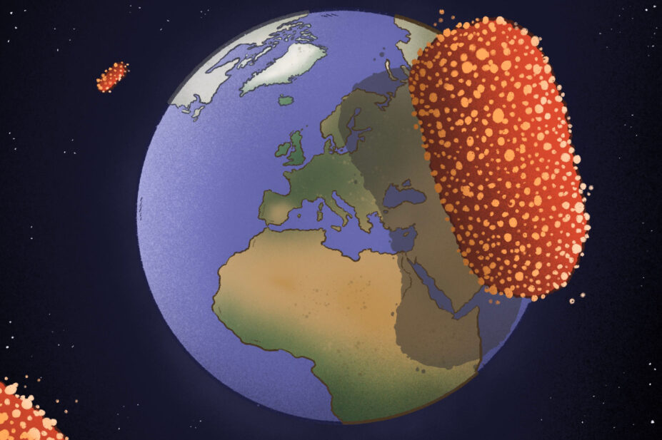 Illustration of a globe from space, with the mpox virus casting a shadow over North Africa and Europe, approaching the UK