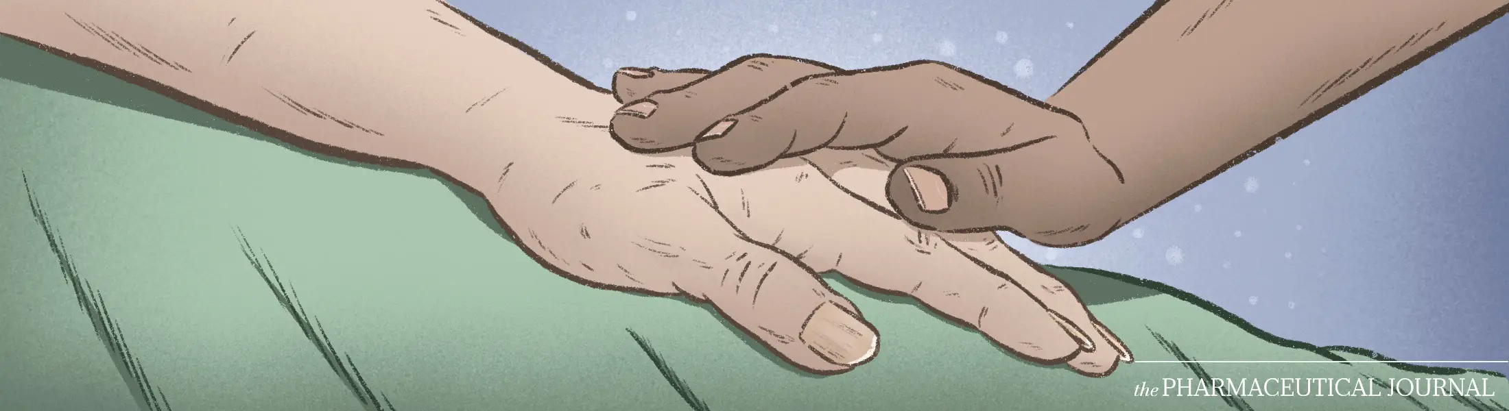 Illustration of an older person's hand being held by a professional in a hospital bed