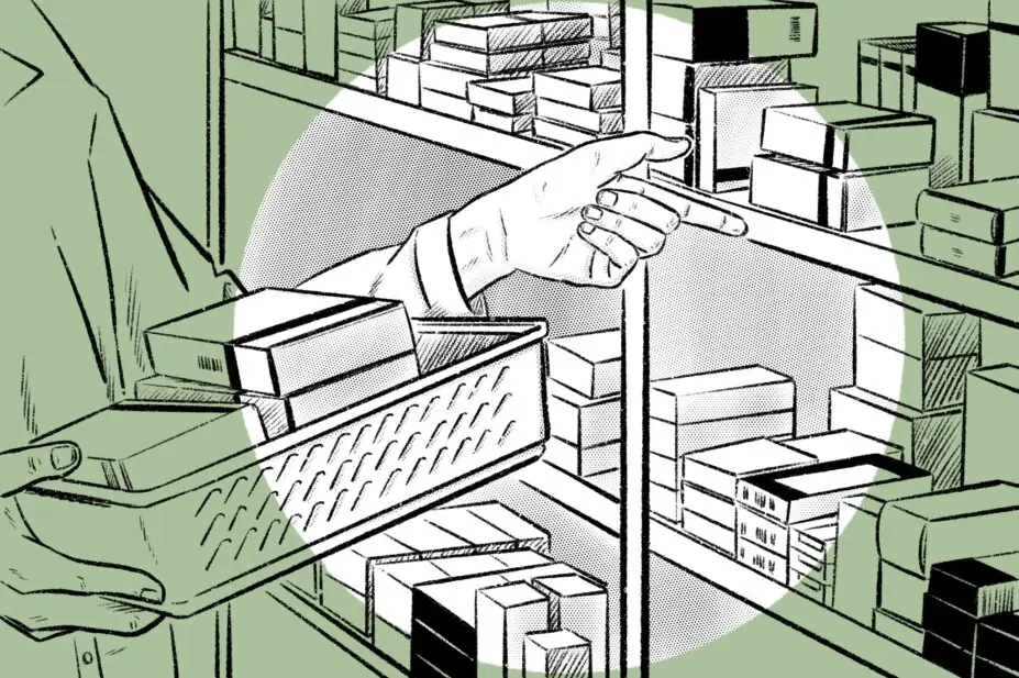 Illustration of a hand reaching, pausing, in front of shelves of different medication