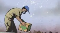 Illustration of a humanitarian worker atop a truck handing a box with a green pharmacy cross to a small sea of hands