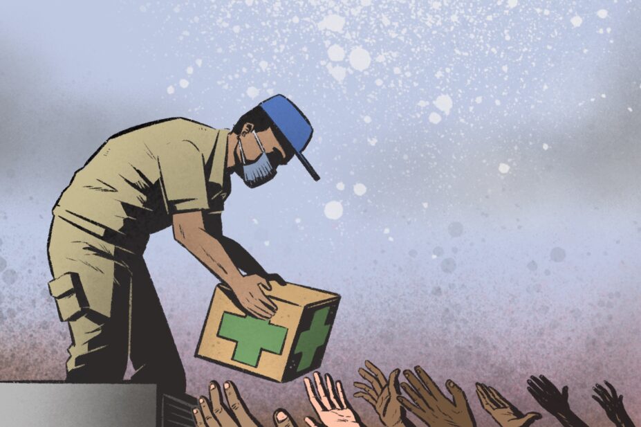 Illustration of a humanitarian worker atop a truck handing a box with a green pharmacy cross to a small sea of hands