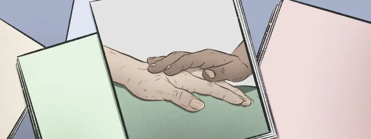 Illustration of an older person's hand being held by a professional in a hospital bed, superimposed on a stack of different coloured paper