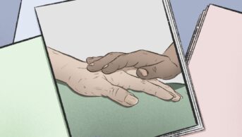 Illustration of an older person's hand being held by a professional in a hospital bed, superimposed on a stack of different coloured paper