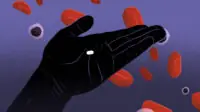 Illustration of a silhouetted hand holding up a white pill over a background with healthy blood cells and cancer cells passing by