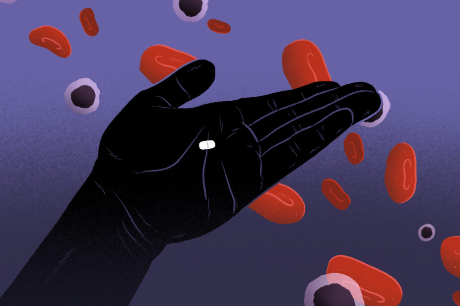 Illustration of a silhouetted hand holding up a white pill over a background with healthy blood cells and cancer cells passing by