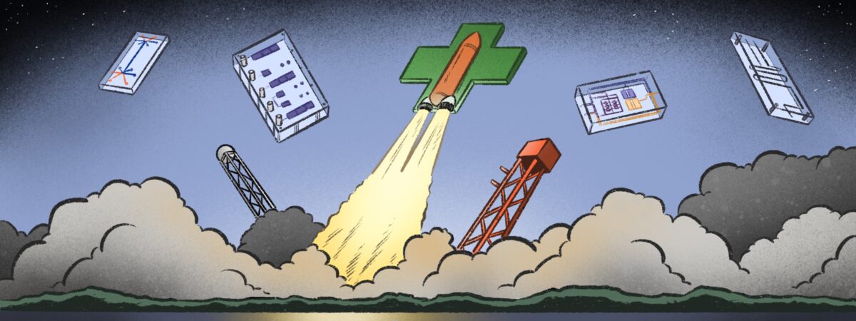 Illustration of a rocket launch, with a pharmacy cross instead of the rocket