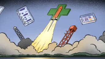 Illustration of a rocket launch, with a pharmacy cross instead of the rocket