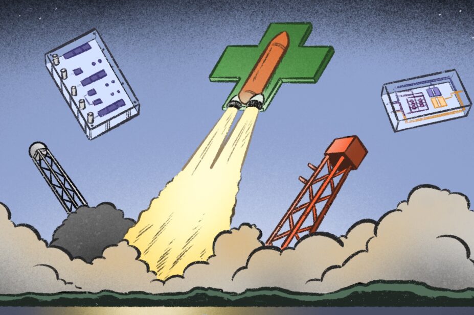 Illustration of a rocket launch, with a pharmacy cross instead of the rocket