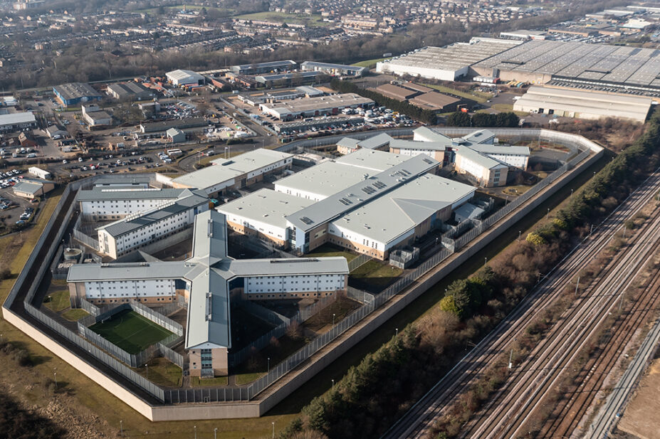 An aerial view of HMP YOI Peterborough which is a Category B prison for men and women in Cambridgeshire, UK