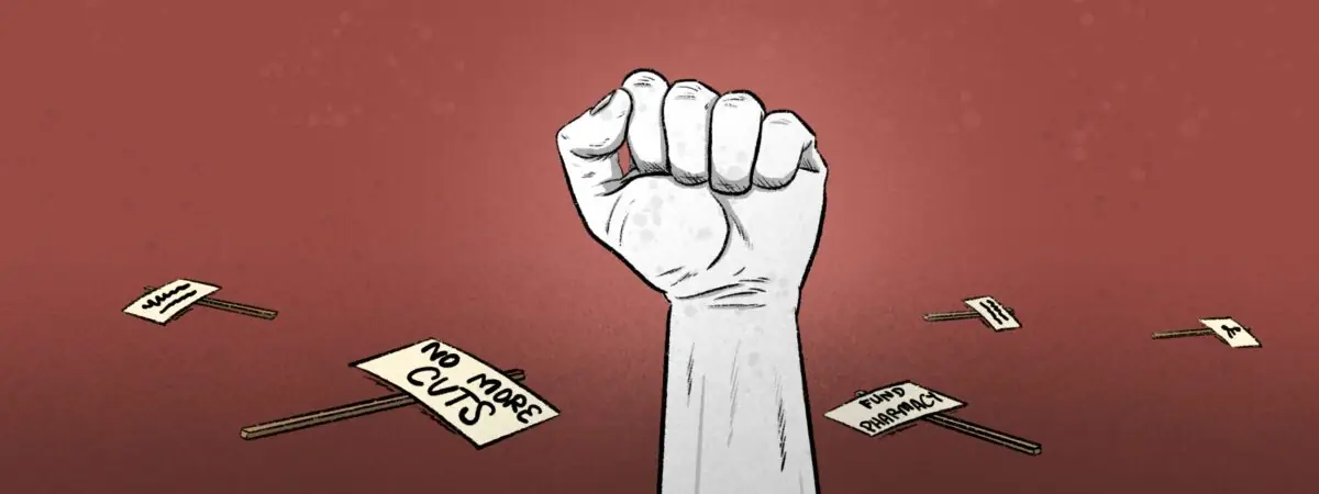 Illustration of a raised fist in centre on a red background, with fallen placards all over the ground