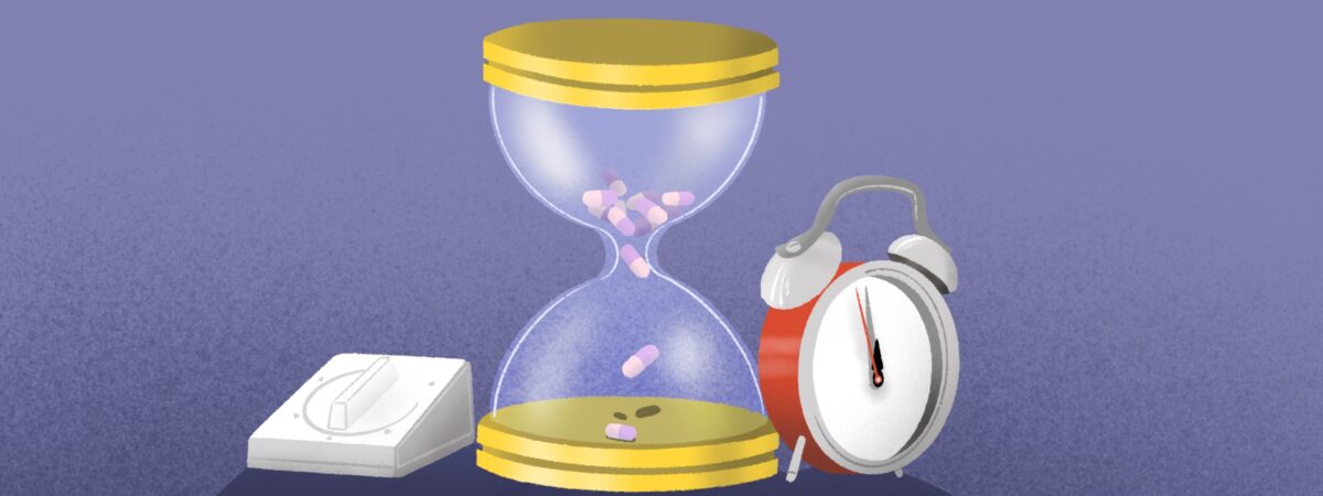 Illustration of an hourglass with pills in place of the sand, with an alarm clock and cooking timer either side