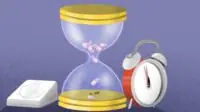 Illustration of an hourglass with pills in place of the sand, with an alarm clock and cooking timer either side