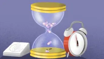 Illustration of an hourglass with pills in place of the sand, with an alarm clock and cooking timer either side