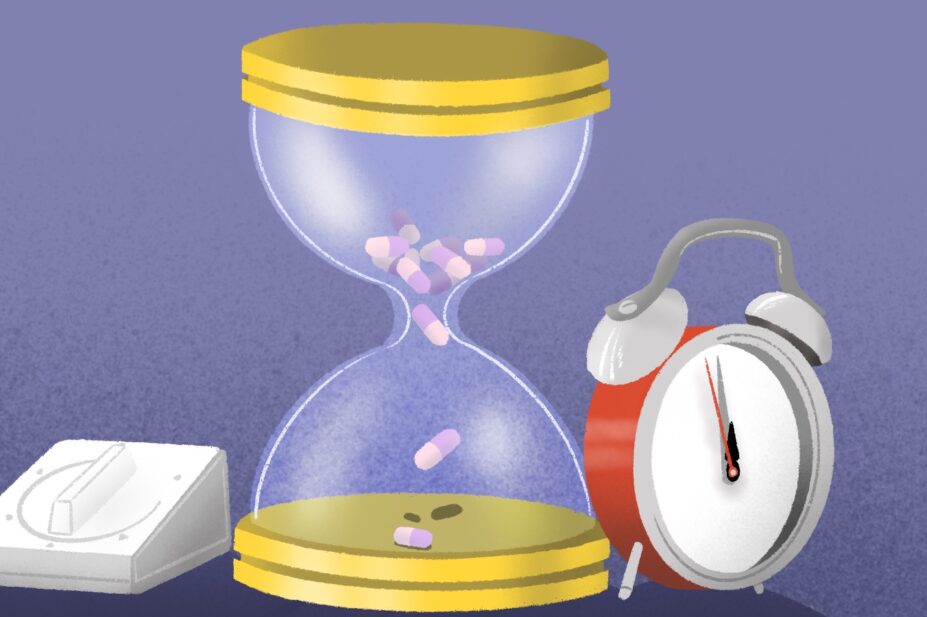 Illustration of an hourglass with pills in place of the sand, with an alarm clock and cooking timer either side