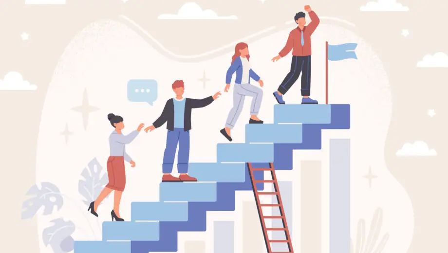 Illustration of people climbing up stairs to a flag