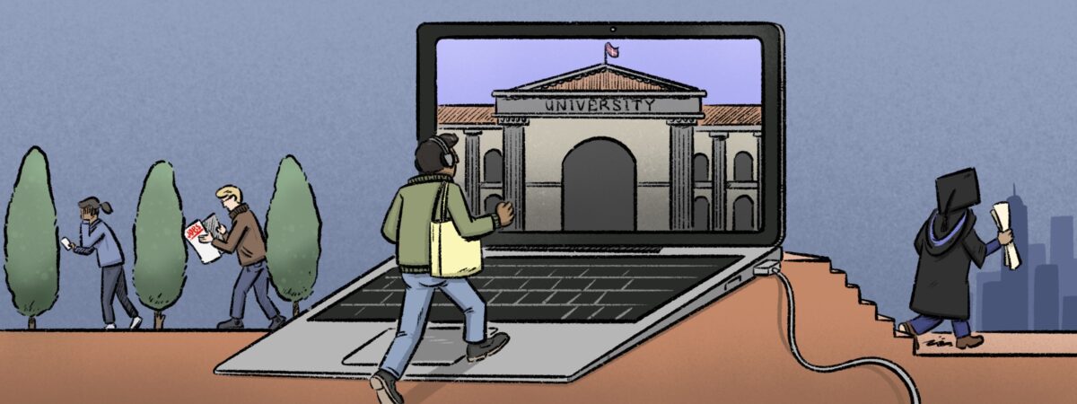 Illustration of a person walking into a laptop, where the university is. To the left are people leaving, to the right a graduate.