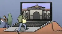 Illustration of a person walking into a laptop, where the university is. To the left are people leaving, to the right a graduate.