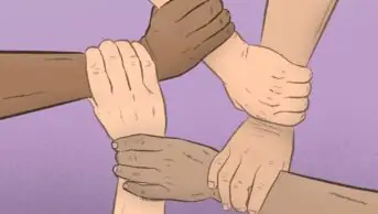 Illustration of five hands linked in a circle to symbolise support