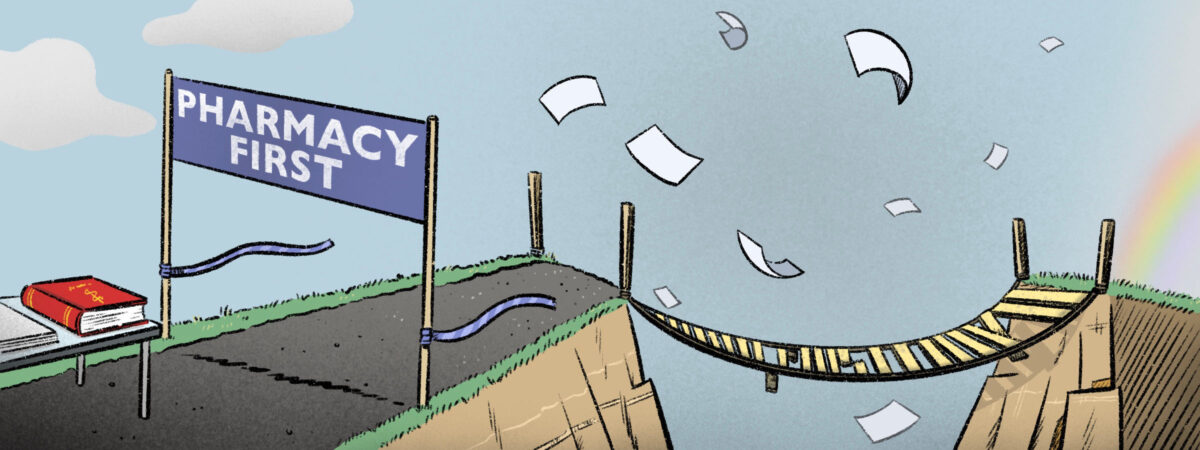 Illustration of a cliff leading to a wobbly, almost broken rope bridge, with a banner saying 