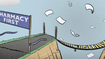 Illustration of a cliff leading to a wobbly, almost broken rope bridge, with a banner saying 