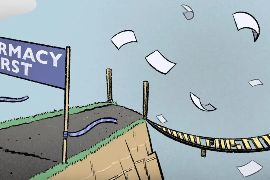 Illustration of a cliff leading to a wobbly, almost broken rope bridge, with a banner saying 