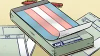 Illustration of an NHS prescription pad with the trans flag as the cover