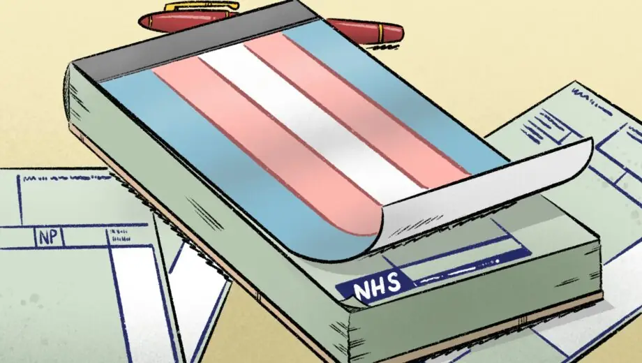 Illustration of an NHS prescription pad with the trans flag as the cover