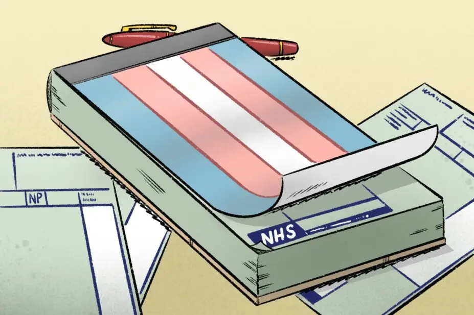 Illustration of an NHS prescription pad with the trans flag as the cover