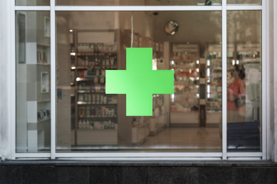 A view into a pharmacy from the street