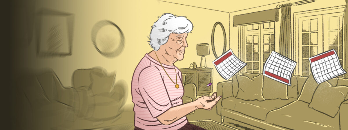 Illustration of an older woman catching a pill, with the left part of the illustration blurring and fading, and the right side clear but counting down by flying calendar pages