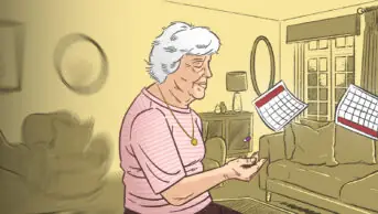 Illustration of an older woman catching a pill, with the left part of the illustration blurring and fading, and the right side clear but counting down by flying calendar pages