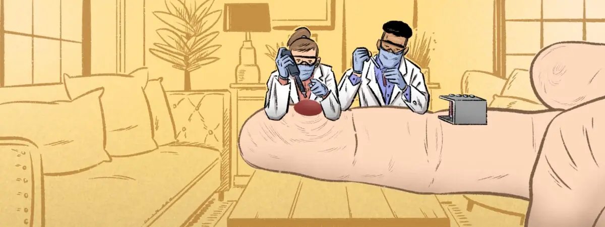 Illustration of a finger that has had a pin prick blood test, with technicians sitting on top of it, doing the testing on the finger