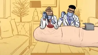 Illustration of a finger that has had a pin prick blood test, with technicians sitting on top of it, doing the testing on the finger