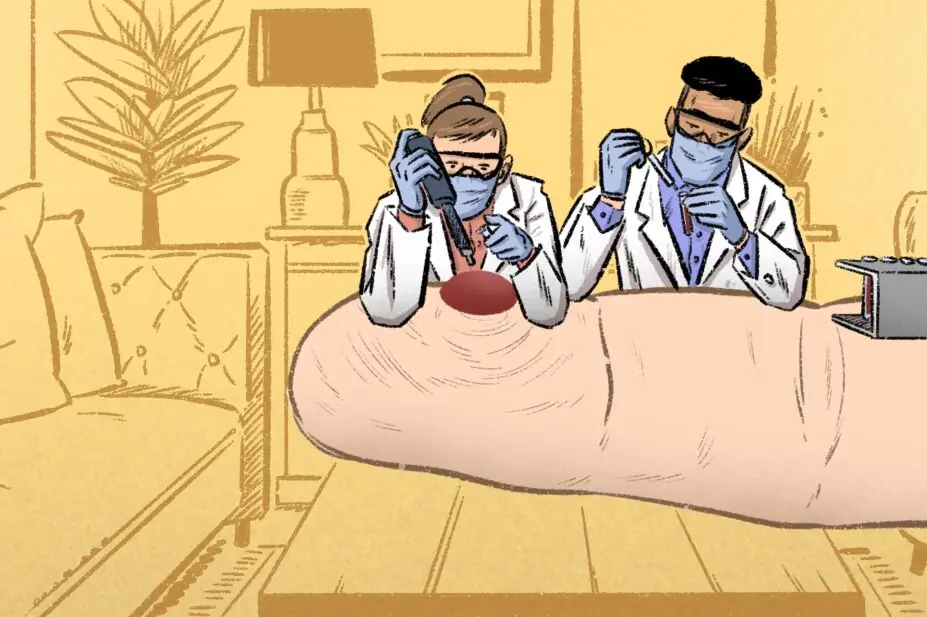 Illustration of a finger that has had a pin prick blood test, with technicians sitting on top of it, doing the testing on the finger