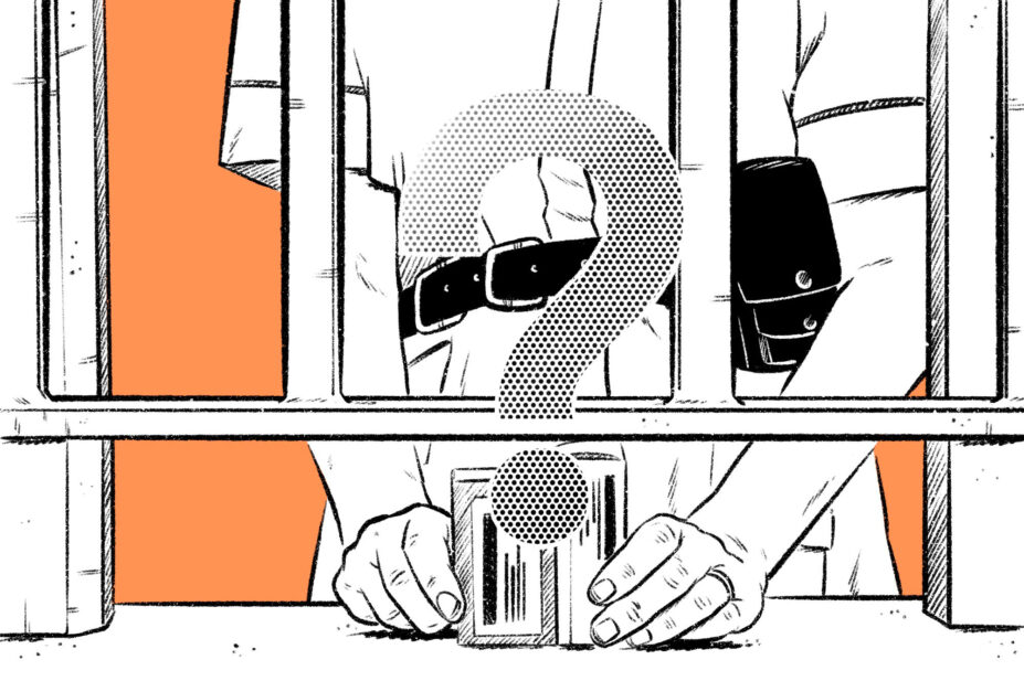 Illustration of a prison nurse handing over two different packs of tablets from a barred window