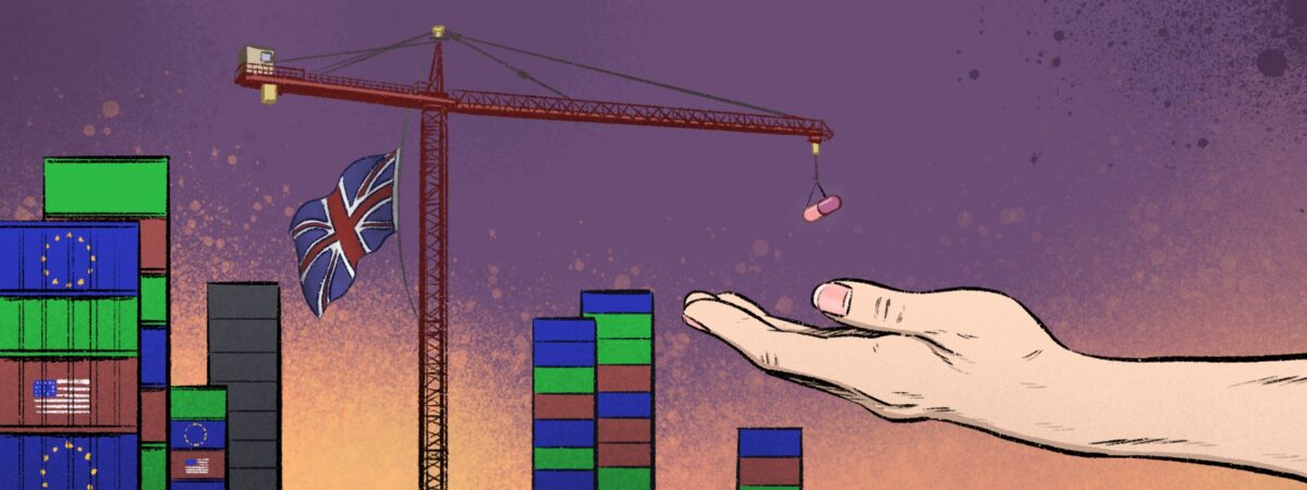 Illustration of a hand receiving a pill from a crane flying the union jack flag, with shipping containers piled high bearing the US and EU flags