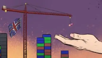 Illustration of a hand receiving a pill from a crane flying the union jack flag, with shipping containers piled high bearing the US and EU flags