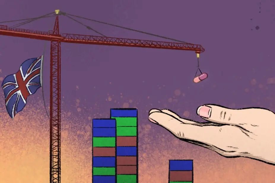 Illustration of a hand receiving a pill from a crane flying the union jack flag, with shipping containers piled high bearing the US and EU flags